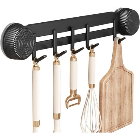 Porte Ustensiles Cuisine Mural, Etagere Murale Cuisine avec 5 Crochets, Support Ustensile Cuisine, Rangement Ustensiles Cuisine pour Suspendre Cuillères Spatules, Métal, 1 Pièces, Noir