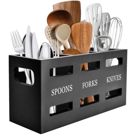 Porte-ustensiles de Cuisine, 3 Compartiments Porte-Couverts en Bois Organiseur d’ustensiles pour Comptoir, Grand Rangement d'outils de Cuisine de Ferme (Noir)