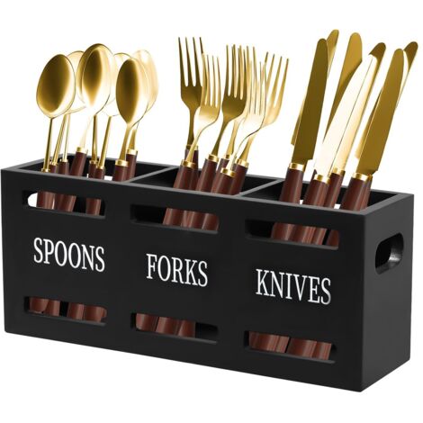 Porte-Ustensiles de Cuisine, 3 Compartiments Porte-Couverts en Bois Pots à Ustensiles pour Plan de Travail Porte-Ustensiles de Cuisine Multifonction pour Décoration de Comptoir (Noir)