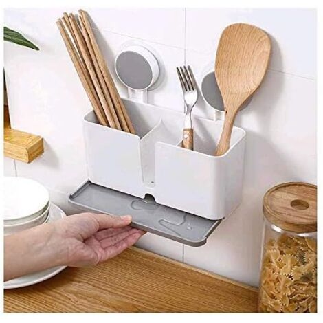 Porte-ustensiles de cuisine avec 2 ventouses et égouttoir pour couverts, éponges, brosses, grattoirs, baguettes