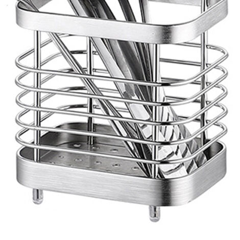 Porte-ustensiles de cuisine en acier inoxydable avec support mural sans vis et compartiment à égouttoir pour la ventilation des cuillères, des spatules et des baguettes