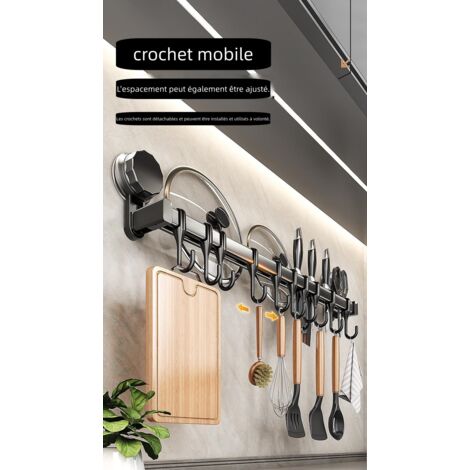 Porte-ustensiles de cuisine en plastique résistant, barre de rangement à aspiration sans perçage avec 10 crochets, 50 cm, couleur gris pistolet, gain de place pratique pour la cuisine domestique