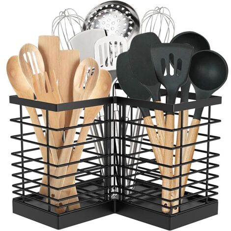 Porte-ustensiles de cuisine extra large avec 3 compartiments, étagère d'angle en métal noir mat pour comptoir, rangement de cuisine rustique – Noir