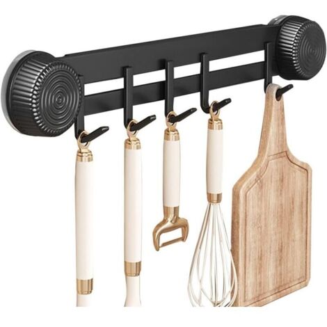 Porte-ustensiles de cuisine mural à 5 crochets, en métal noir, pour ranger spatules et cuillères.