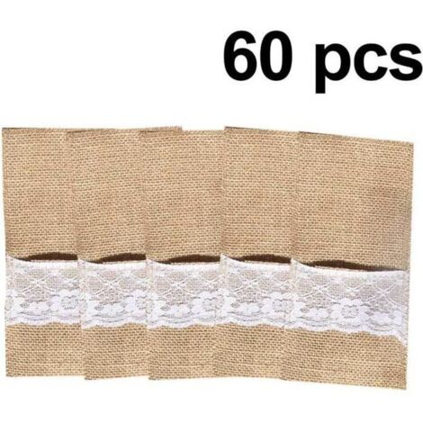 Porte-ustensiles en toile de jute -  - Lot de 60 - Mariage vintage - Blanc - Mixte