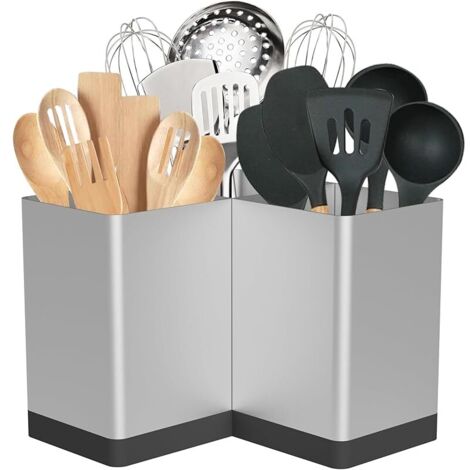 Porte-ustensiles, organisateur d’ustensiles de cuisine pour le plan de travail d’angle, organiseur d’ustensiles extra large avec 3 compartiments, décoration de ferme, fer, argent argenté