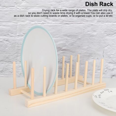 Porte-vaisselle en bois 7 cases, égouttoir de cuisine avec étagères pour ustensiles et assiettes