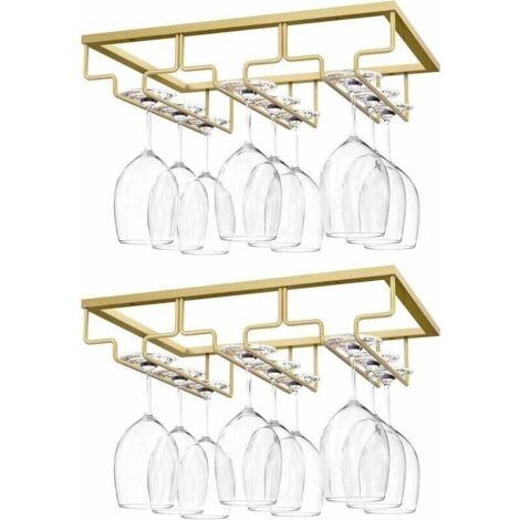 - Porte-Verres À Pied Suspendu, [2 Pcs] Porte-Verre À Vin Suspendu Support De Verre À Vin Avec 3 Rails Pour Dessous D'Étagère, Armoire De Verre, Tenture En Chrome, Barre De Cuisine - Or