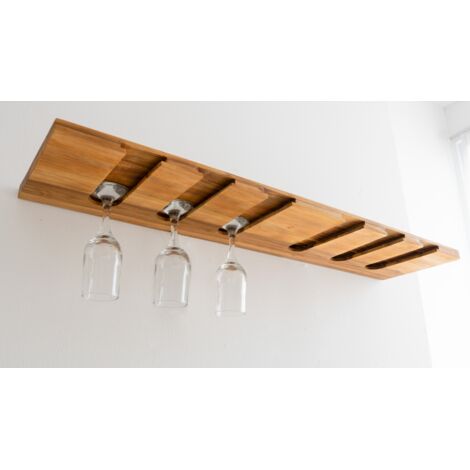 Porte-Verres à Vin en Bois Teck Huilé - Fixation Inclus - 18X200X600mm - Support Suspendu 5 Rangées