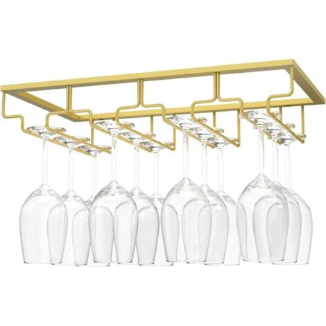 Porte-verres suspendu sous étagère de cuisine, support pour verres à vin et verres à eau avec 4 rails chromés dorés, idéal pour placards, îlots ou bars – design élégant et gain d’espace