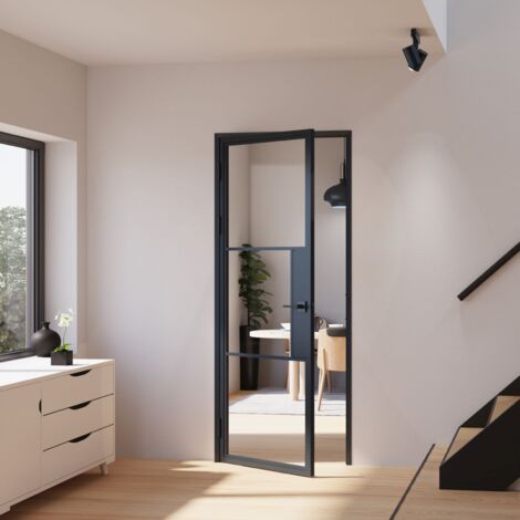 Porte verrière intérieure 83 x 211,5 cm, bloc porte Loft, verre transparent, style atelier 2 rayures, version gauche avec serrure