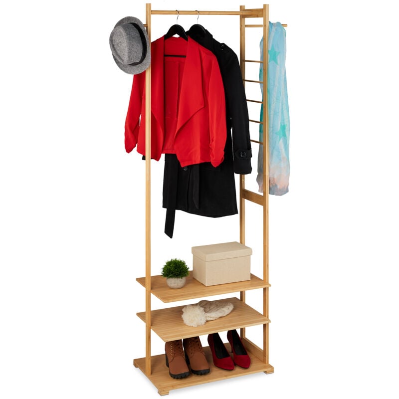 Portemanteau en bambou, avec 3 étagères et 3 crochets, non fixe, h x l x p : 177,5 x 81 x 38 cm, nature - Relaxdays