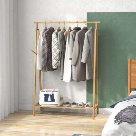 Porte-vêtements en bambou, porte-manteau en bois avec étagère à chaussures, dimensions 110L x 42P x 152A cm.