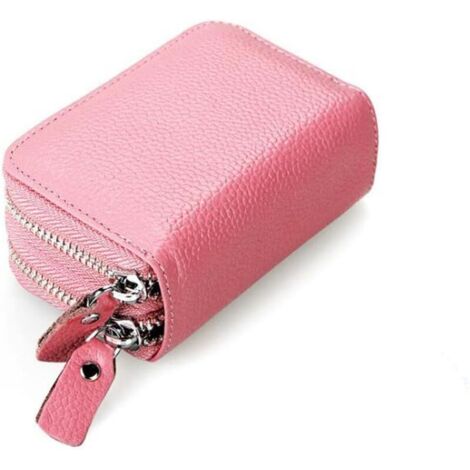 Portefeuille à double fermeture éclair pour femmes en cuir véritable avec blocage RFID (rose),