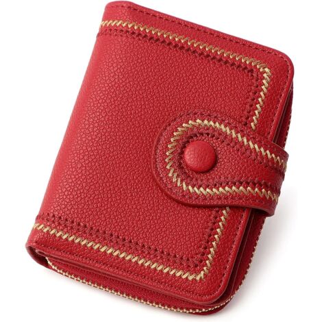 Portefeuille court en cuir PU pour dames avec fermeture à glissière (rouge),