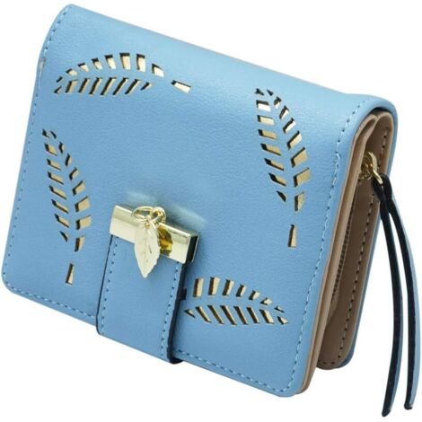 Portefeuille court zippé en cuir avec feuilles découpées (bleu),