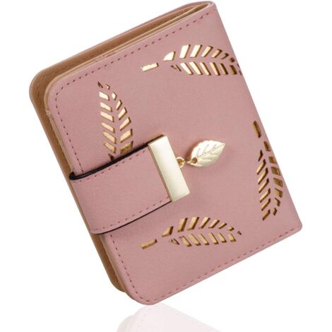 Portefeuille court zippé en cuir avec feuilles découpées (rose)