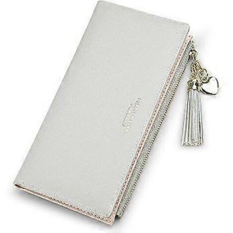 Portefeuille fin pour femme en cuir avec fermeture éclair, porte-cartes et pompon (gris)