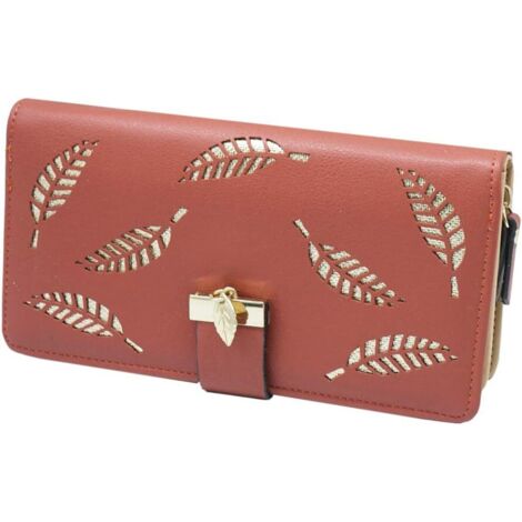 Portefeuille long zippé en cuir avec feuilles découpées (marron)