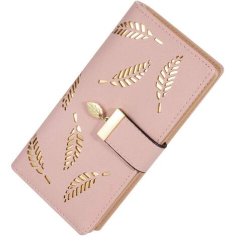 Portefeuille long zippé en cuir avec feuilles découpées (rose),