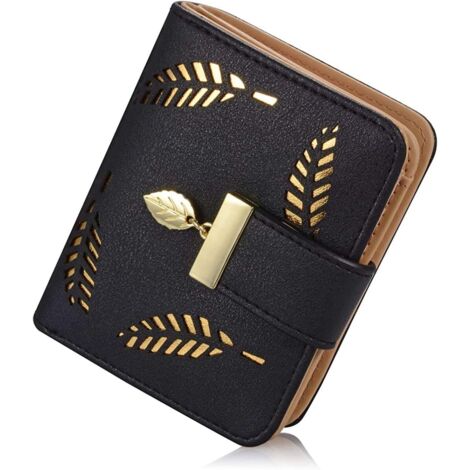 Portefeuille pour femme, petit sac à main en cuir à deux volets avec porte-monnaie/carte d'identité/carte de crédit (noir),