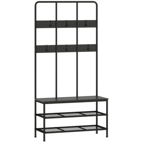 Portemanteau 3 en 1, Patère, Banc, Étagère à chaussures, Métal, Panneau de particules, Noir