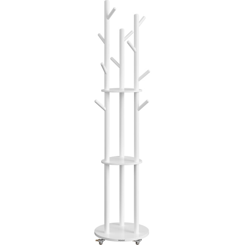 Vasagle - Portemanteau, avec 11 Crochets et 3 Étagères, 4 Roulettes Pivotantes à 360°, Mobile, Crochet et Poteau en Bois, pour Entrée, Chambre,