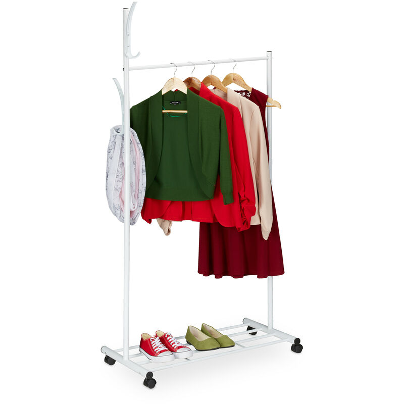 Portant sur roues, HxLxP : 165 x 80 x 44 cm, métal, rangement mobile pour vêtements, penderie pivotante, blanc - Relaxdays