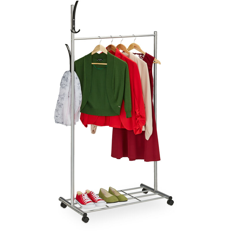 Relaxdays Portant sur roues, HxLxP : 165x80x44 cm, métal, rangement mobile pour vêtements, penderie pivotante, argenté
