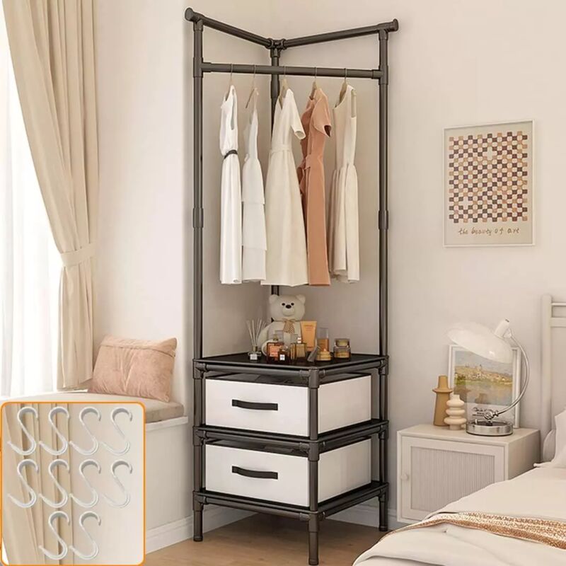 Neche - Portemanteau d'angle - Meuble d'entrée - 10 Crochets - 3 Niveaux 2 Tiroirs - Facile à assembler - 175 x 45 x 45 cm - Noir