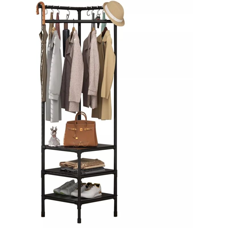 Neche - Portemanteau d'angle - Meuble d'entrée - 10 Crochets - 3 Niveaux de rangement - Gain de place - 175 x 45 x 45 cm - Noir