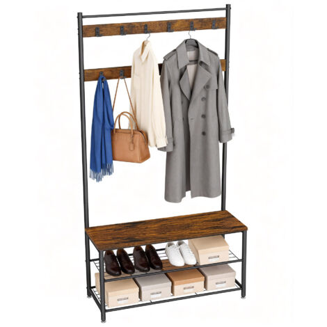 Portemanteau d’Entrée avec Banc de Rangement à Chaussures, Style Industriel, 85 x 32 x 175 cm, Marron et Noir