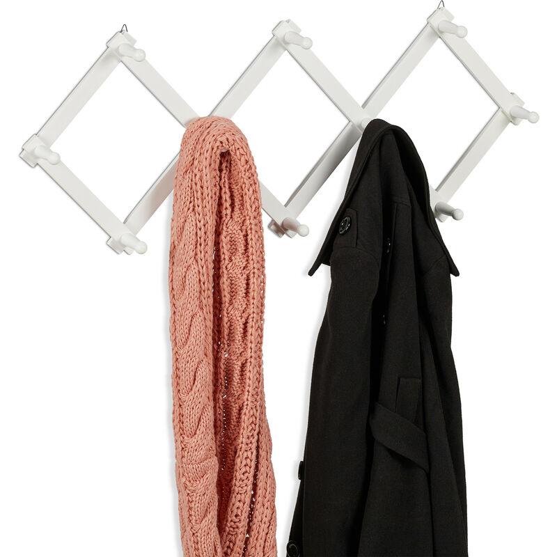 Relaxdays Portemanteau en bois, rangement réglable, 10 crochets, pour vestes, support pliable, patères, blanc