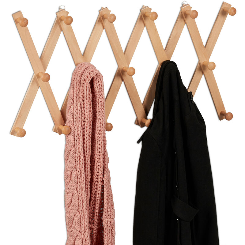 Relaxdays - Portemanteau en bois, rangement réglable, 17 crochets, pour vestes, support pliable, patères, nature