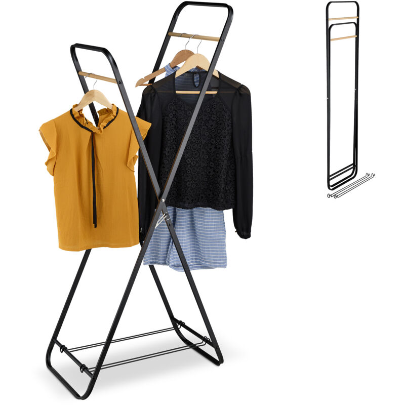 Portemanteau pliable, porte-chaussures, 2 tringles, h x l x p : 152 x 67 x 44 cm, noir et nature - Relaxdays