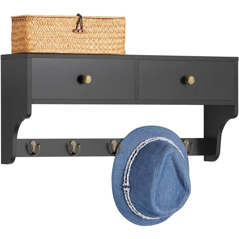 Sobuy - FRG178-SCH Porte Manteau Mural, Meuble Entrée, Porte-Manteaux, Étagère Murale, Porte-vêtements avec 2 Tiroirs et 5 Crochets, 60x15x27 cm, Noir