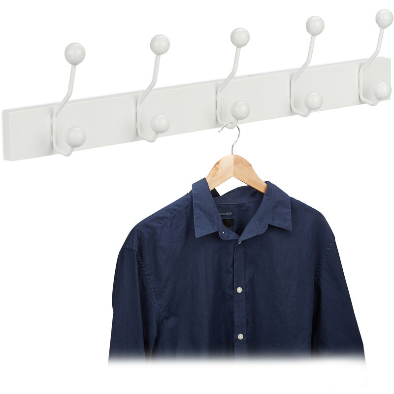 Relaxdays - Portemanteau, HxLxP : 14x65x7 cm, porte-vêtements, 5 crochets doubles, entrée couloir, dressing, mdf, blanc