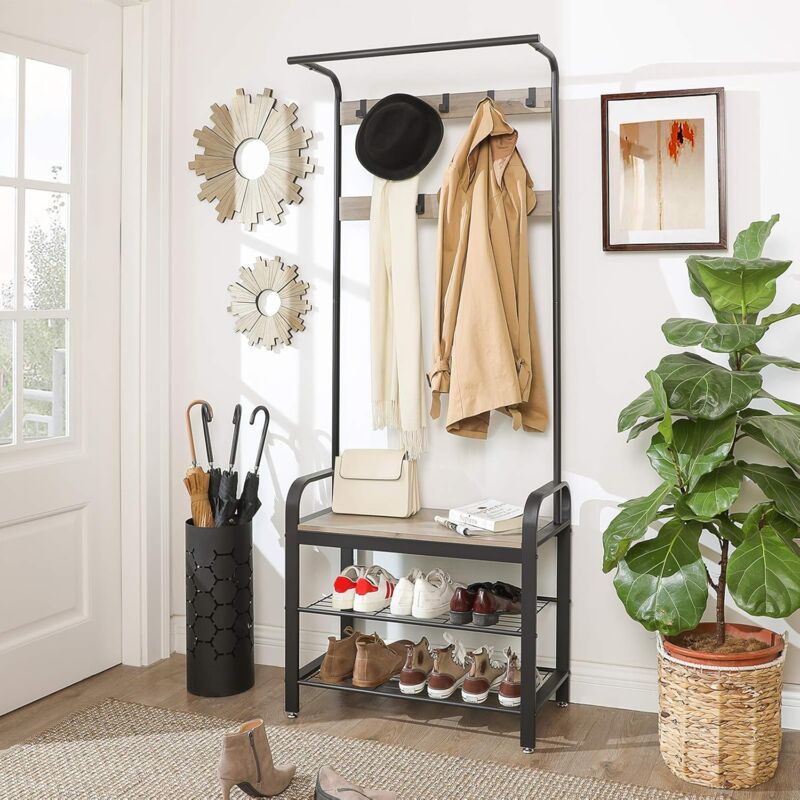 Songmics - vasagle Portemanteau, Vestiaire, Meuble d'Entrée, avec Étagère Chaussures à 3 Niveaux, avec Crochets Amovibles, Hauteur 183 cm, Cadre en