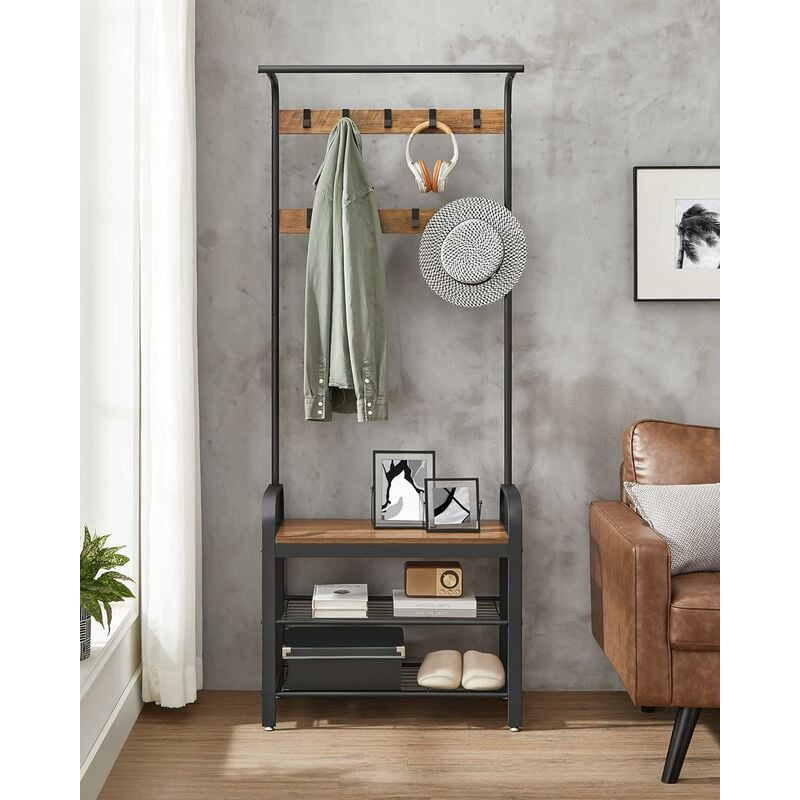 Songmics - vasagle Portemanteau, Vestiaire, Meuble d'Entrée avec Étagère Chaussures, avec Crochets Amovibles, 33,7 x 72 x 183 cm, Marron Châtaign