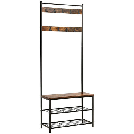 Portemanteau, Meuble d’entrée, Vestiaire, Portant, avec Banc et étagères à Chaussures, Crochets, Cadre en métal, Hauteur 175 cm, Style Industriel, Marron Rustique et Noir