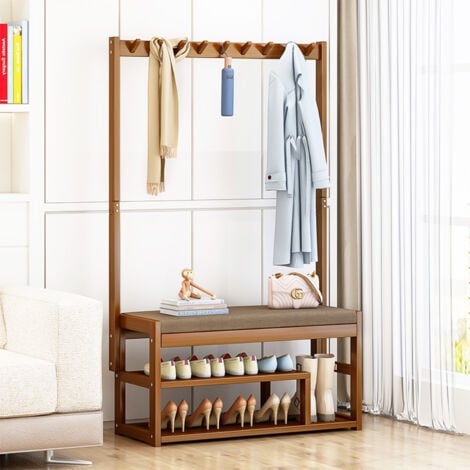 Portemanteau Meuble d’entrée/Vestiaire, Ultrixe Vestiaire, Meuble d’Entrée, avec 5 Crochets, Banc et Étagère à Chaussures, Cadre en Bambou, Longueur 97 cm, pour Bureau, Chambre, Salle de Séjour