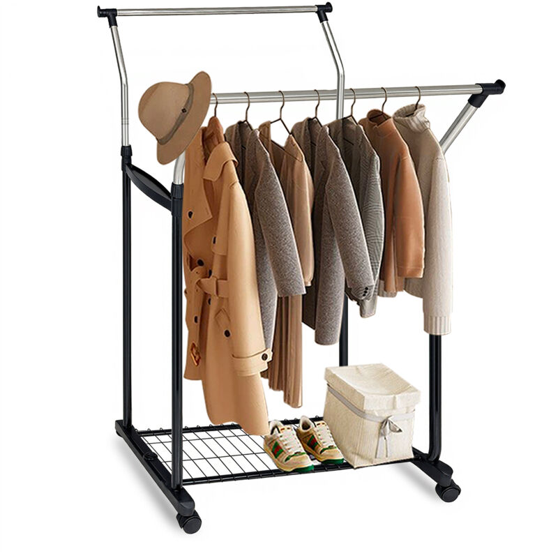 Relaxdays Portemanteau mobile, double tringle, grande étagère, hauteur réglable de 108 à 160 cm, argent/noir