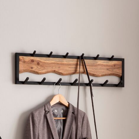 Portemanteau mural 80x8x20 cm en acacia et fer noir