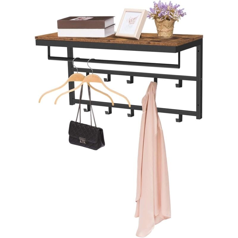 Hoobro - Porte-Manteaux Mural, Étagère de Rangement, Étagère Murale avec 10 Crochets, Vestiaire, Étagère Suspendue avec Tringle, 80 x 30 x 42 cm,