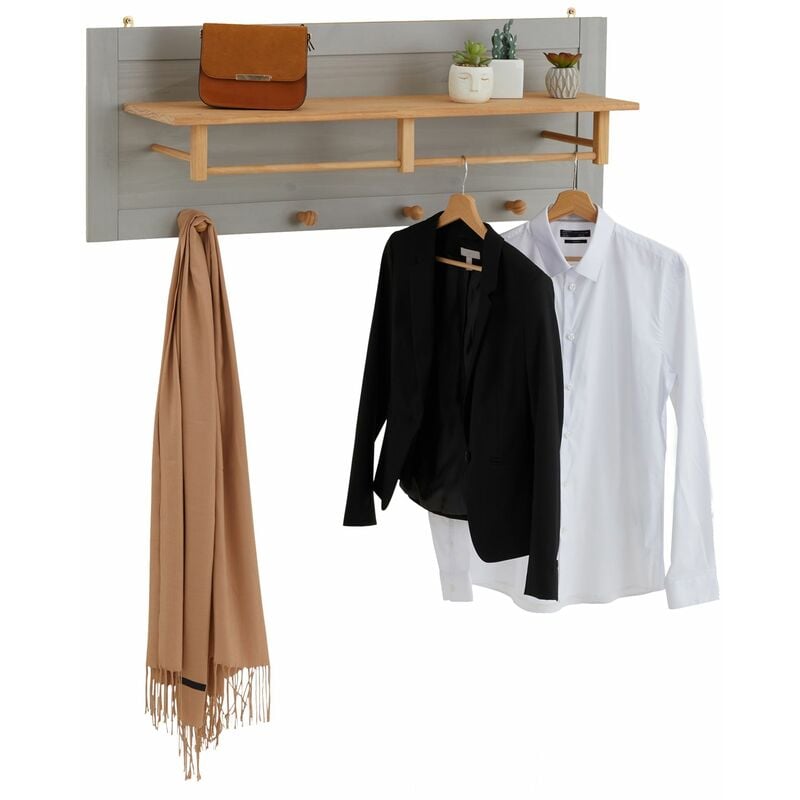 Idimex - Portemanteau mural 4 accroches 1 étagère bolton en pin massif gris et brun