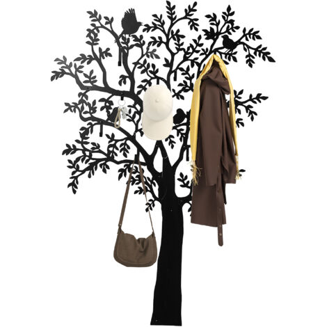 Portemanteau mural design arbre avec oiseaux, crochets muraux pour manteaux, noir