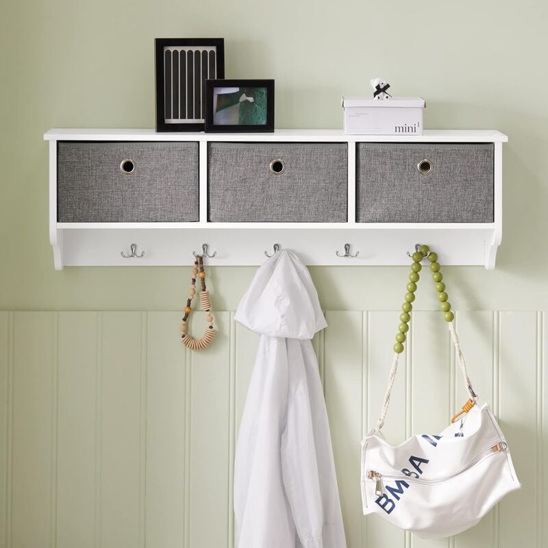 Homfa Meuble Mural en Bois /Étag/ère de Rangement Portemanteau Murale avec 5 Crochets 63/×14/×23cm Blanc