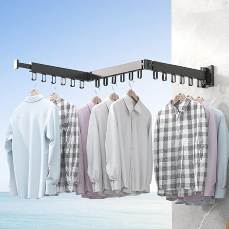 Étendoir à linge mural pliable avec rotation à 90° et 6 trous, noir
