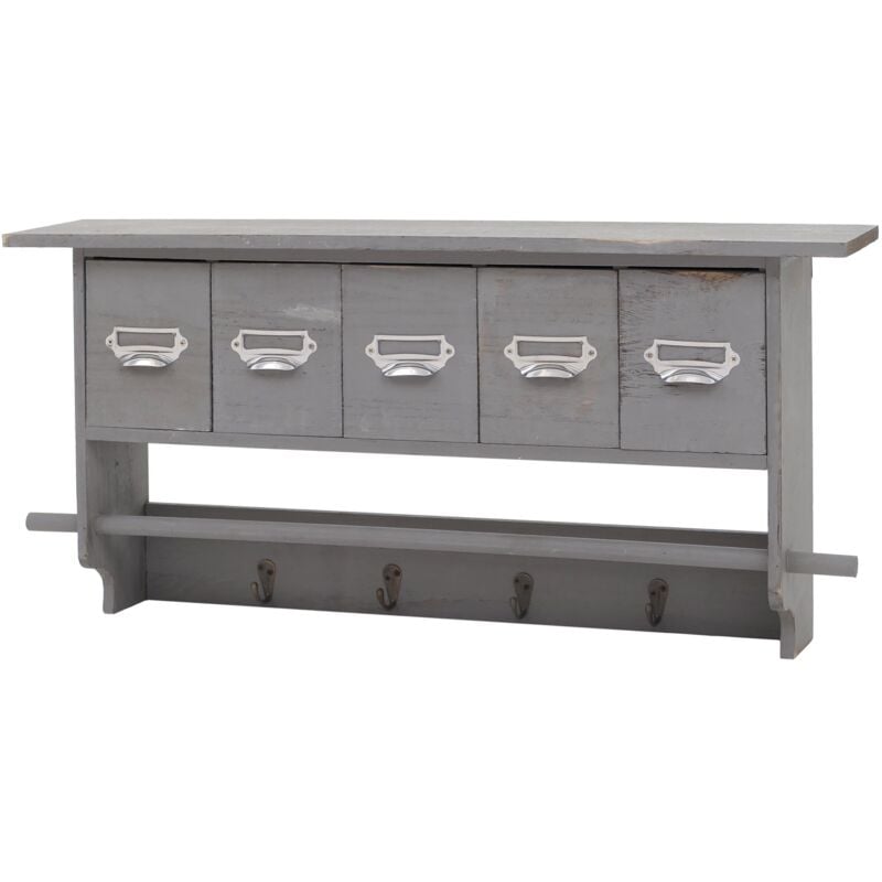 HHG - Portemanteau mural, étagère 5 tiroirs, 65x13x32cm, shabby chic, vintage, gris