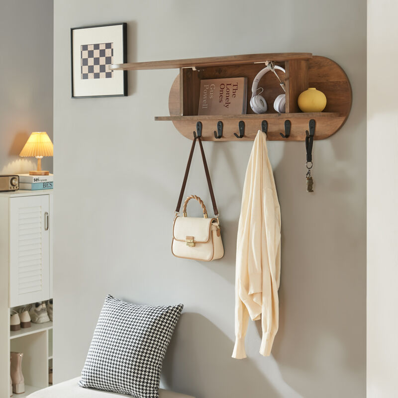 Portemanteau mural Vilkön 80x30 cm effet noyer avec étagère et 6 crochets noirs [en.casa]